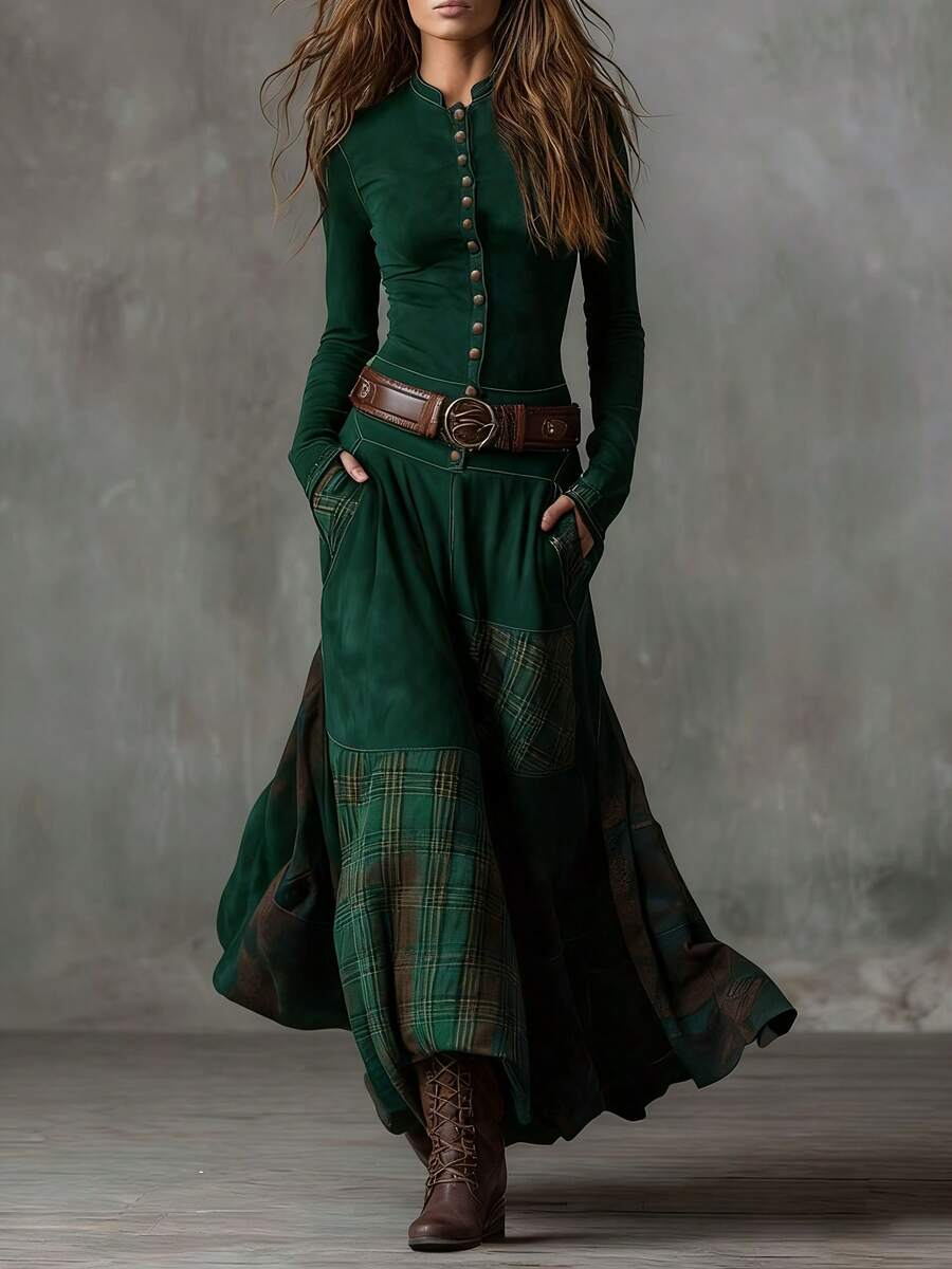 Vintage Boho Button-Up Patchwork Maxi Dress