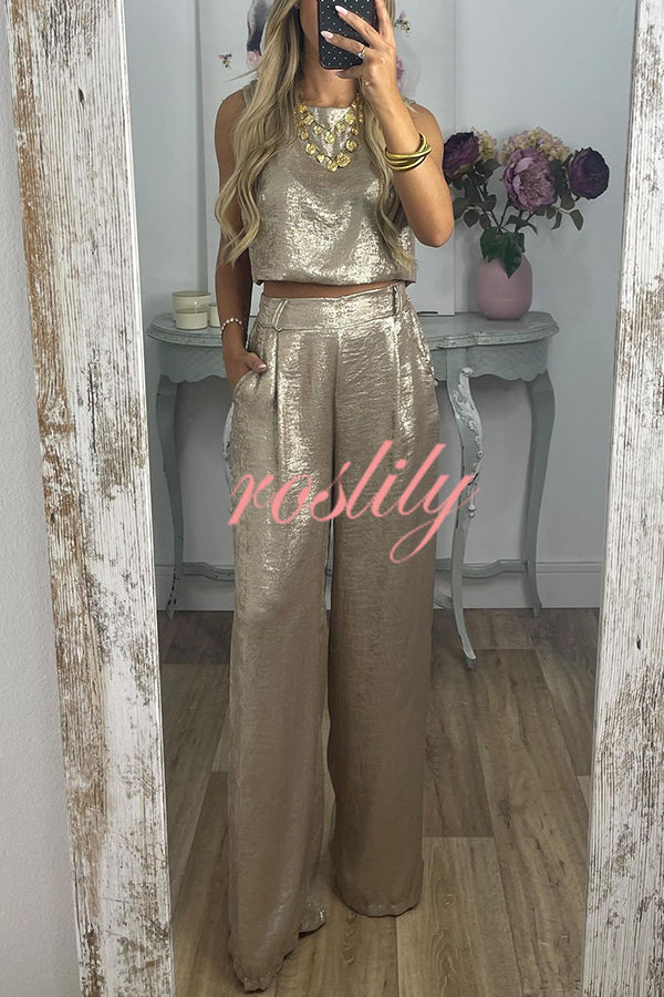 Rita Metallic Fabric Back Buttons Crop Tank and Elastic Waist Pocketed Wide Leg Pants Set