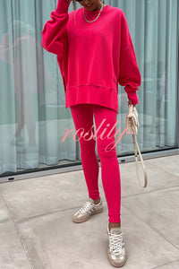 Solid Color Loose Long Sleeve SlitSweatshirt and Elastic Waist Tight Pants Set