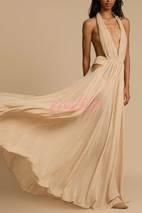 Ethereal Moment Tulle Cutout Ruched Waist Backless Halter Maxi Dress