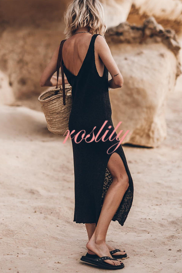 Vacation Breeze Knit Slit Loose Tank Midi Dress