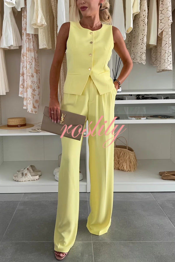 Workplace Chic Sleeveless Button Vest and Relaxed Pocket Wide Leg Pants Set
