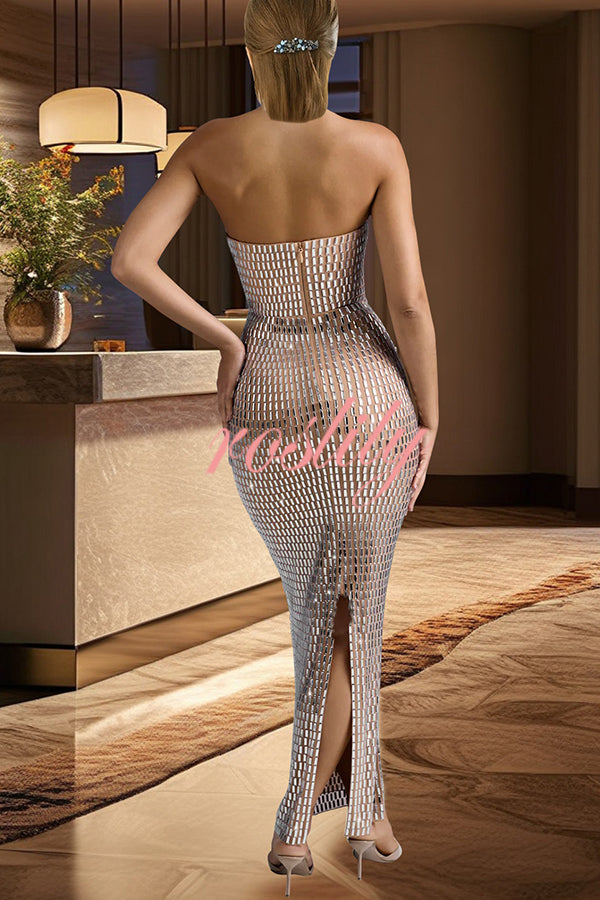 Flash Sculpture Rhinestone Embellished Bandeau Slit Stretch Maxi Dress