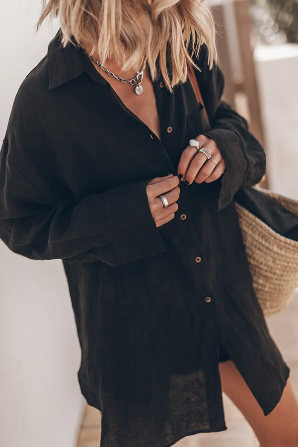 Go To The Beach Linen Blend Pocketed Long Sleeve Oversized Shirt