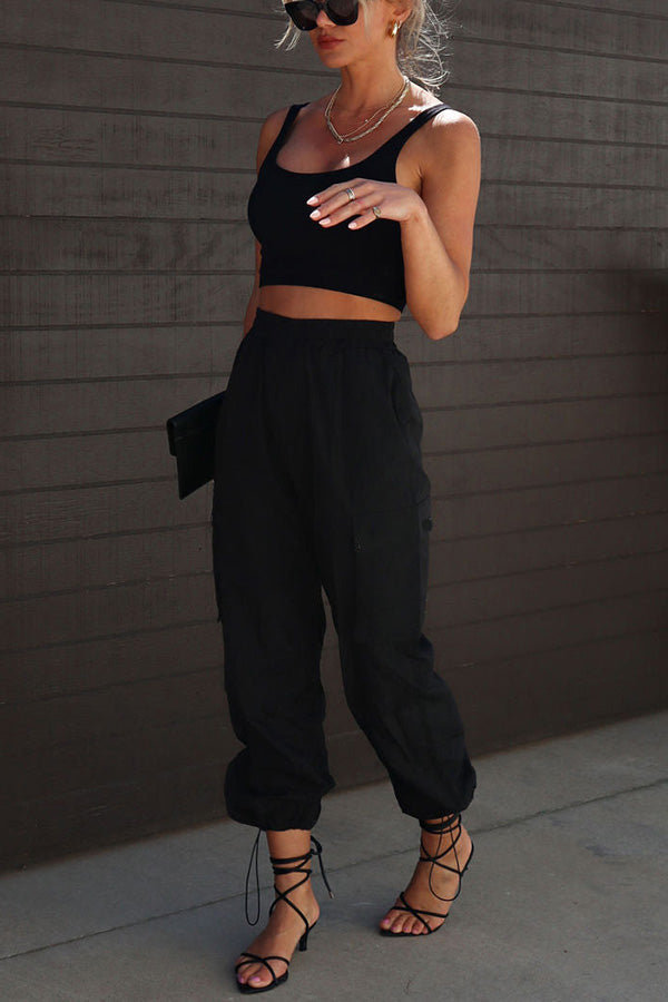 Let＊s Rewind Nylon Elastic Waist Pocketed Cargo Pants