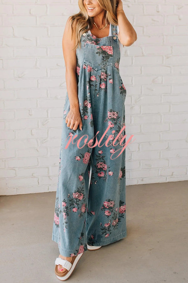 Fashion Floral Print Casual Button Pocket Loose Denim Overalls