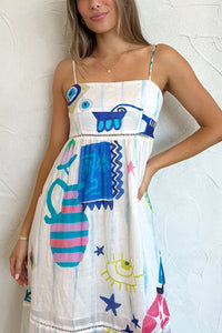 She's The Fun Linen Blend Playful Print Ladder Trim Midi Dress