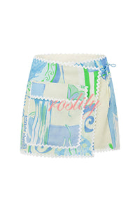 Pierre Linen Blend Ric Rac Trims Unique Print Short Sleeve Shirt and Wrap Tie-up Mini Skirt Set
