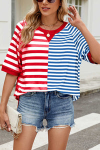 Striped Color Block Print Crew Neck Short Sleeve Loose Top
