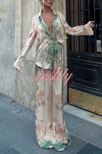 Antibes Satin Court Unique Printed Long Sleeve Loose Shirt and Elastic Waist Pants Set