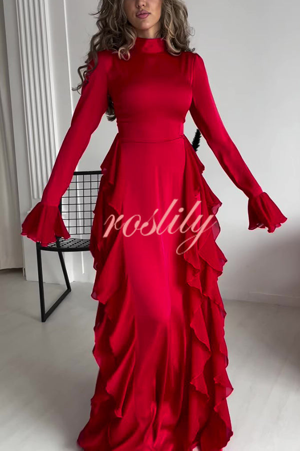 Cline Solid Color High Neck Long Sleeve Elegant Ruffles Maxi Dress