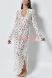 Santorini Sunset Floral Lace Long Sleeve Slit Vacation Maxi Dress