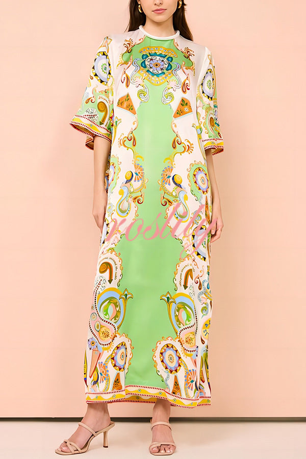 Southern Italy Satin Unique Print Bell Sleeve Loose Slit Midi Dress