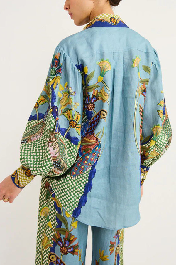 Sun Seeking Unique Heaven Bird Print Balloon Sleeve Button Loose Shirt