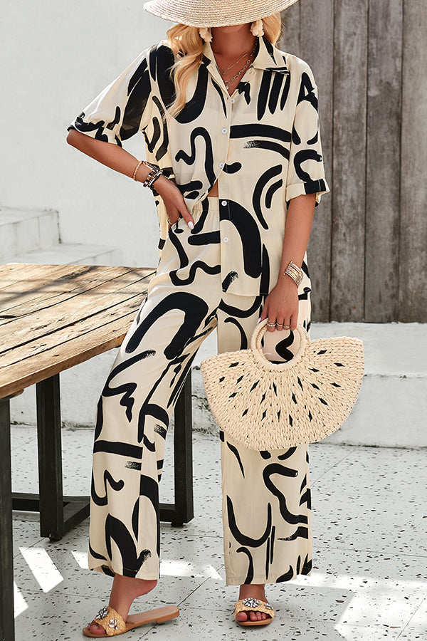 Irregular Printed Button Pocket Long Sleeved Shirt and Elastic Waist Pants Set