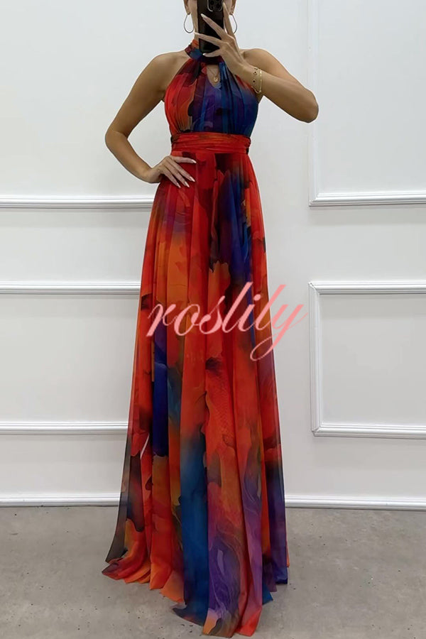 Elaine Tulle Floral Splash Print Cutout Halter Tie-up Neck Gown Maxi Dress