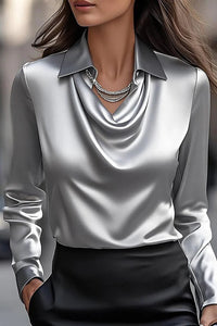 Solid Color Lapel Long Sleeve Casual Top