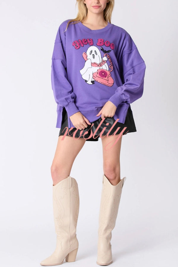 Halloween Cartoon Ghost Sequin Loose Casual Sweatshirt