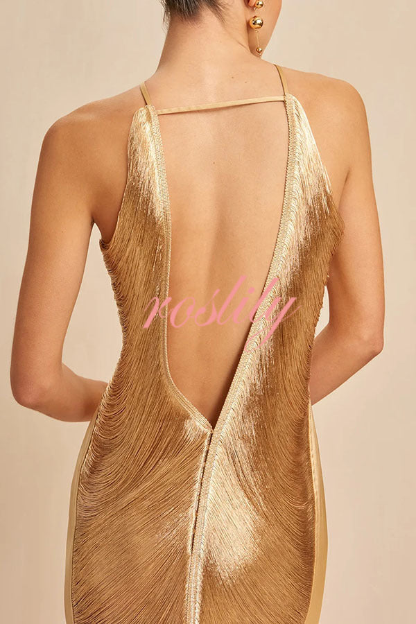 Sexy Allnight Metallic Halterneck Backless Fringed Slit Maxi Dress