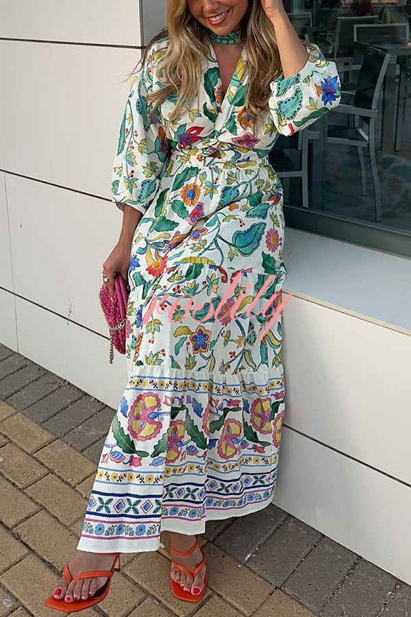 Botanical Floral Print V-neck Cutout Lace-up Elastic Waist Maxi Dress