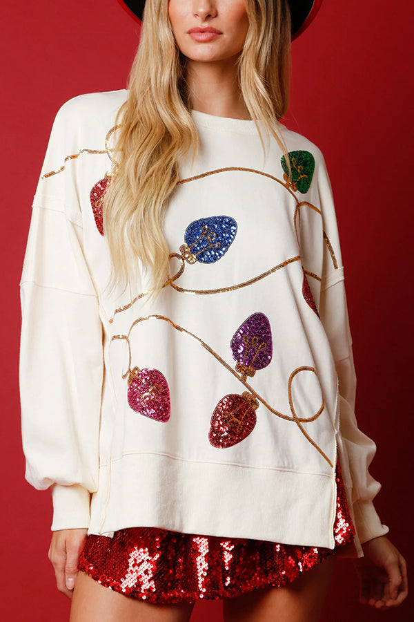 Christmas Lights Sequin Slit Pullover Sweatshirt