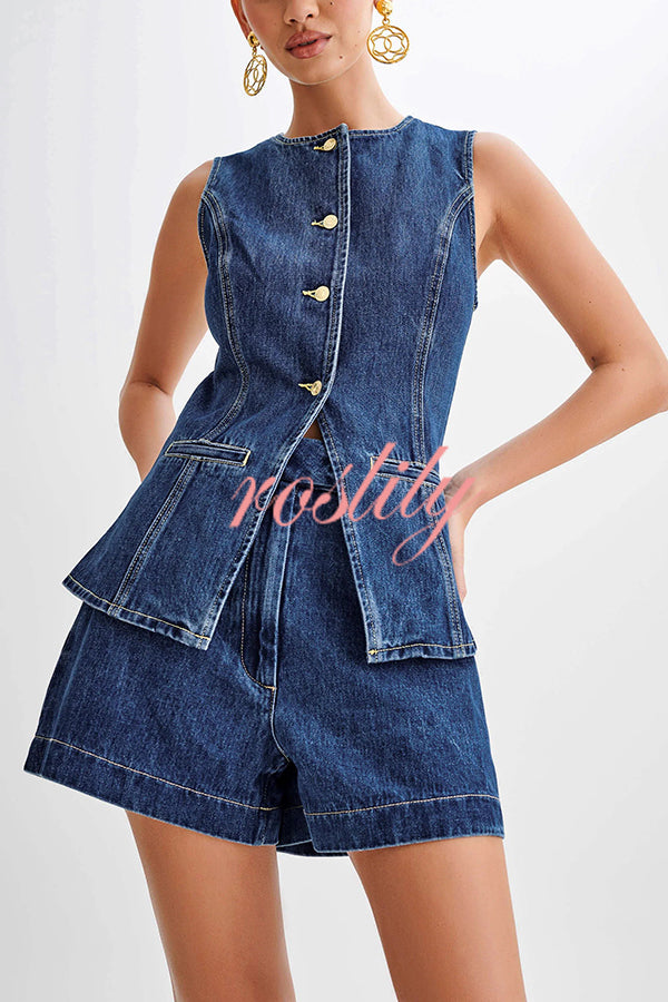 Abel Denim Button Up Princess Seams Pocket Vest Top