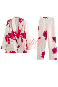 Special Attendance Satin Floral Print Long Sleeve Lapel Loose Blazer