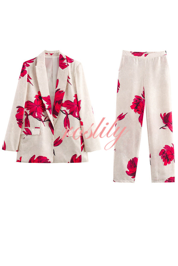 Special Attendance Satin Floral Print Long Sleeve Lapel Loose Blazer