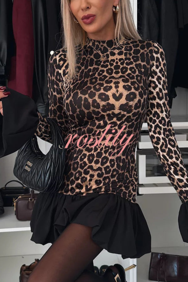 Stevie Leopard Print Patchwork Bell Sleeve Stretch Mini Dress