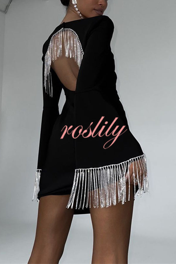 Fashionable Fringed Square Neck Bell Sleeves Hollow Back Mini Dress