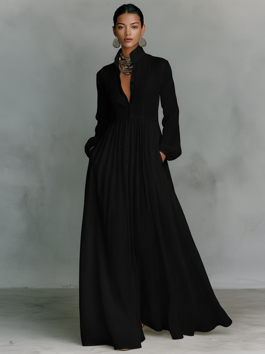 Minimalist Cotton And Linen Patchwork Single-breasted Stand-up Collar Long-sleeved Maxi Dress