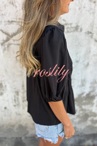 Solid Color Round Neck Button Pleated Short Sleeve Casual Shirt