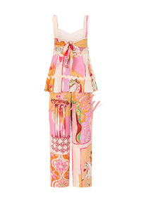 Carina Linen Blend Ric Rac Trims Unique Print Tank and Elastic Waist Loose Pants Set