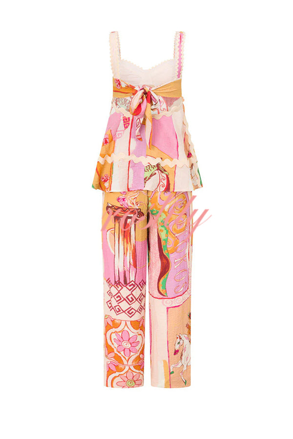 Carina Linen Blend Ric Rac Trims Unique Print Tank and Elastic Waist Loose Pants Set