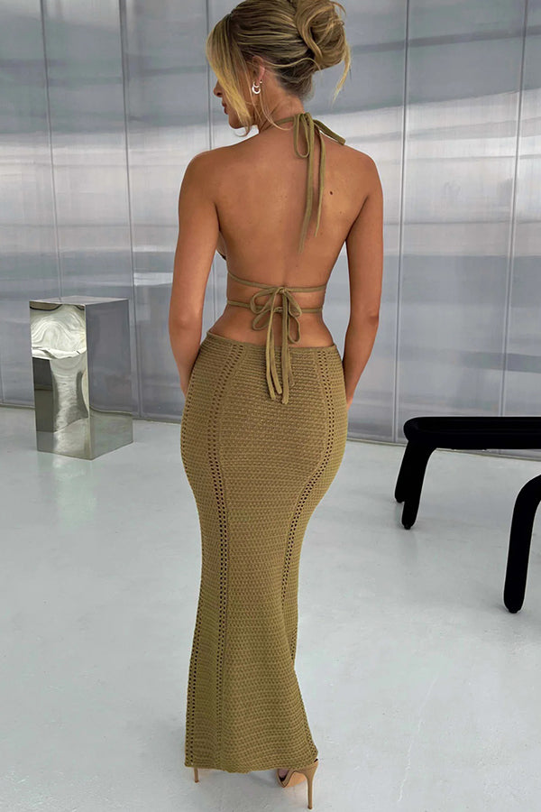 Effortlessly Cool and Sexy Knit Crochet Cutout Halter Tie-up Stretch Maxi Dress