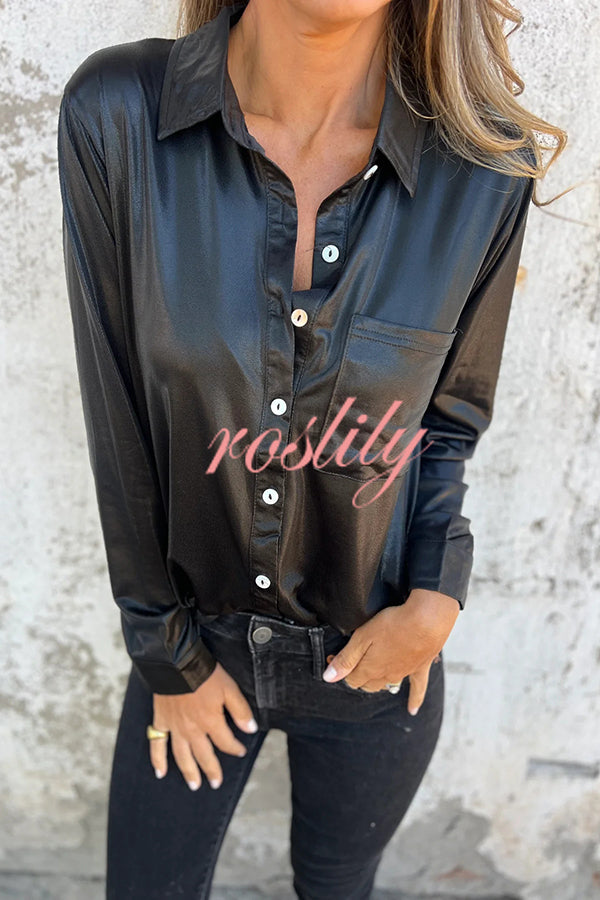 Holiday Look Solid Metallic Loose Pocket Button-down Blouse