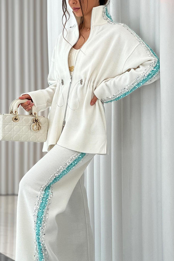 Edan Textured Knit Sequin Patchwork Drawstring Zipper Sweatshirt and Stretch Wide Leg Pants Set