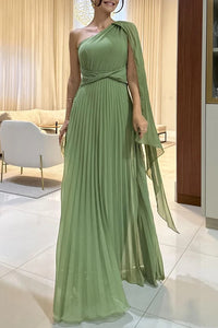 Kate Pleated One Shoulder Drape Sleeve Twist Waist Maxi Dress