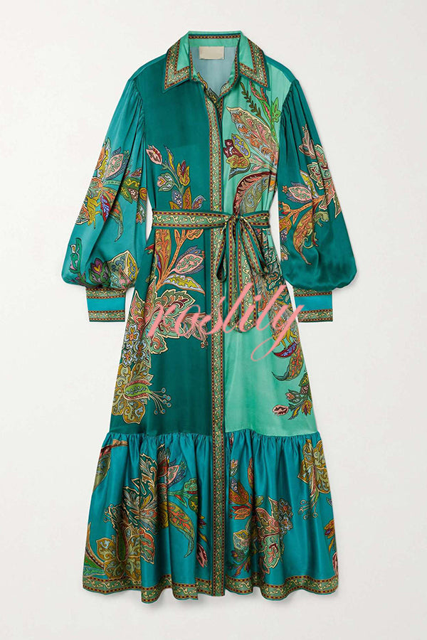 Resort Style satin Unique Printed Lapel Lantern Sleeve Lace-up Midi Dress