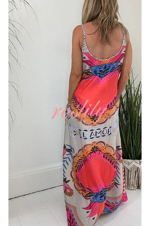 Perfect for Vacation Unique Print Pocketed Slip Loose Maxi Dress