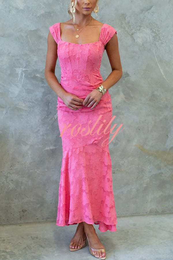 Unreal Beauty Floral Textured Material Ruched Fishtail Maxi Dress