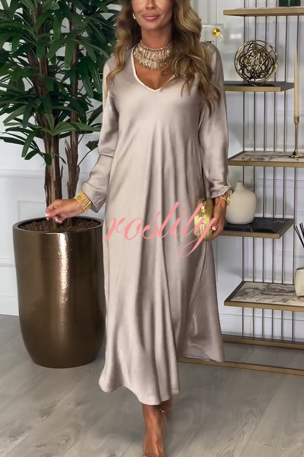 Solid Color V-neck Long-sleeved Loose Draped Maxi Dress