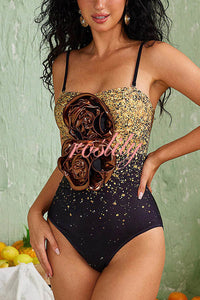 Ombre Sequin Print Metallic Fabric Flower Embellished Stretch One-piece Swimsuit