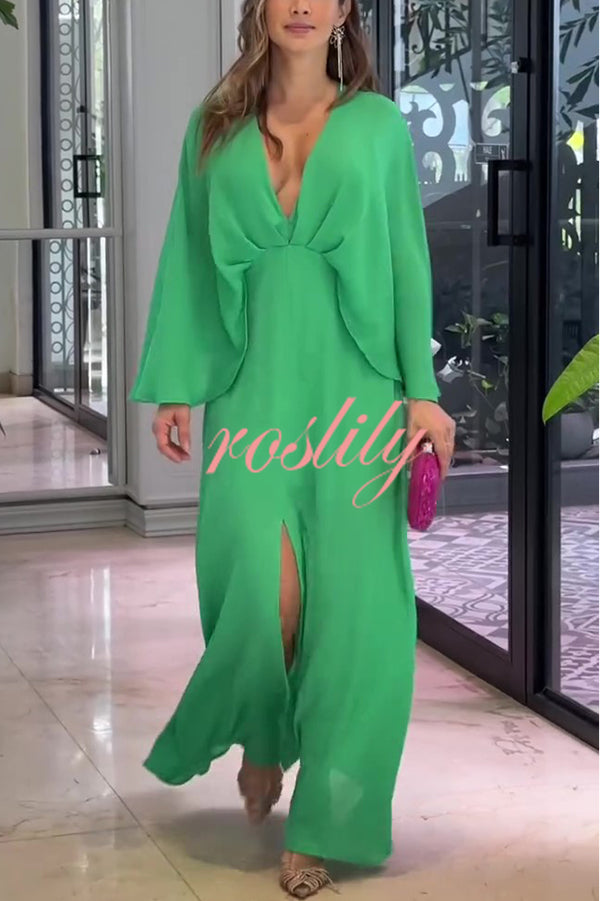 Solid Color V Neck High Waist Slit Casual Maxi Dress