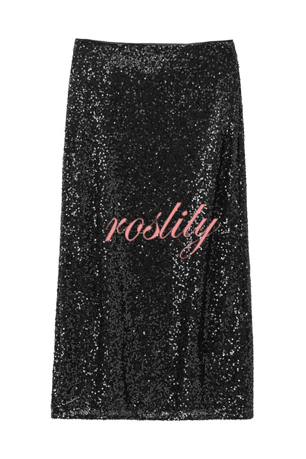 Crushing on You Sequin High Rise Wrap Tie-up Slit Midi Skirt