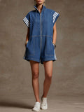 Stand-collar Short-sleeved Short Denim Wide-leg Jumpsuit