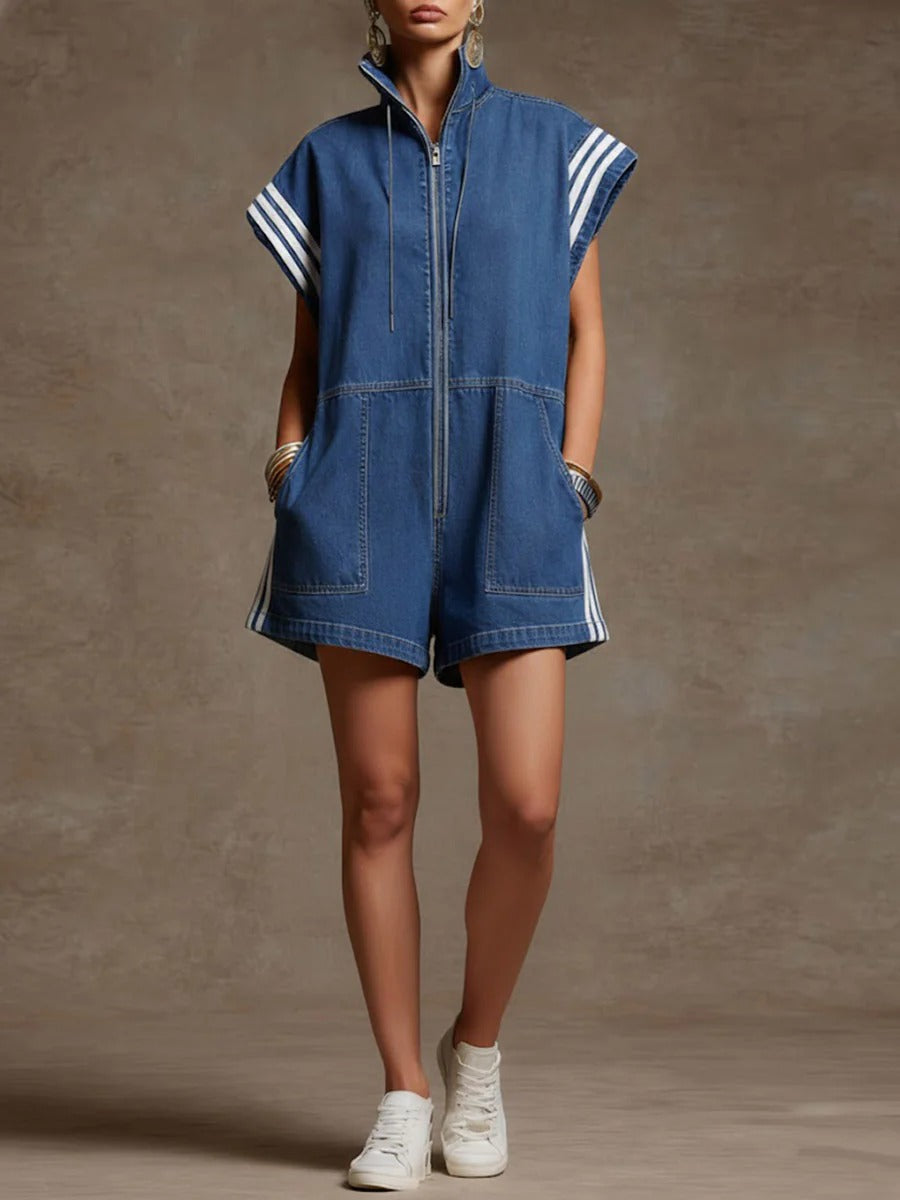 Stand-collar Short-sleeved Short Denim Wide-leg Jumpsuit