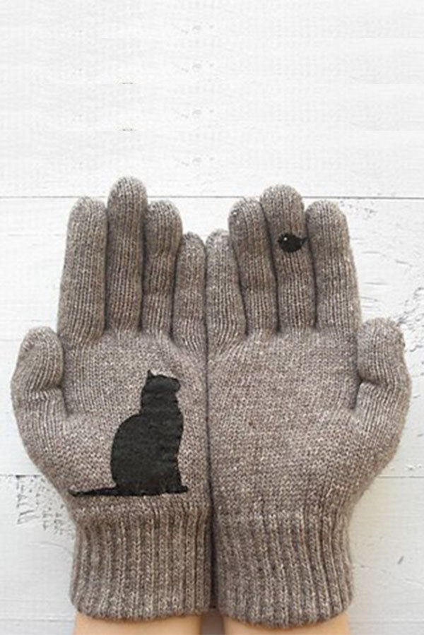 Printed Knitted Gloves Short Thickened Warm Finger Gloves-Cat