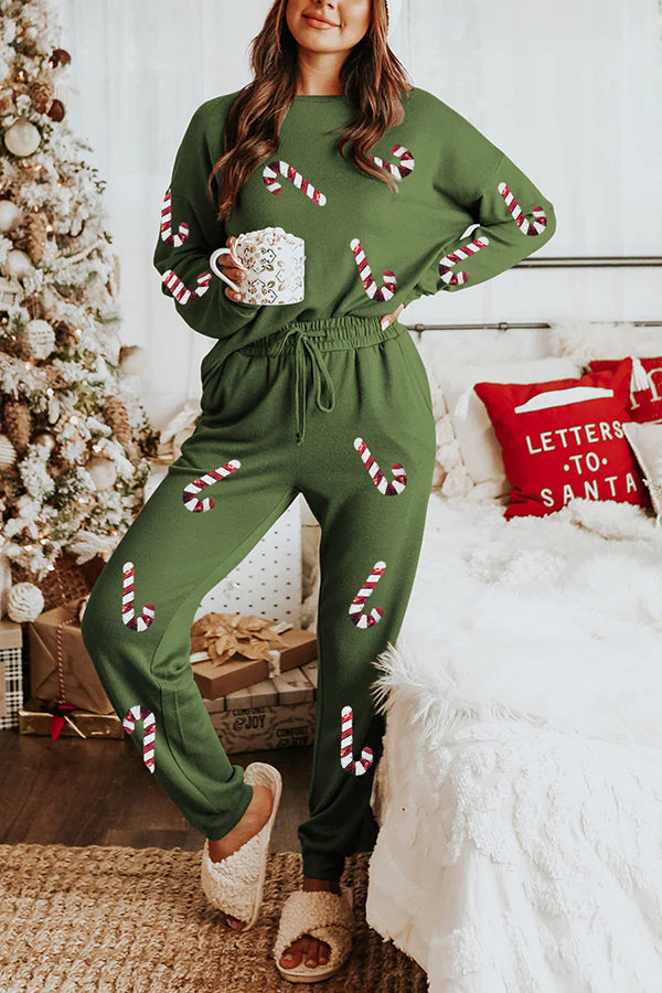 Christmas Sequin Print Long Sleeve Top and Elastic Waist Tie Pocket Pants Set