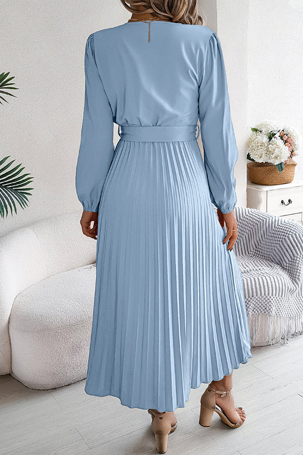 Solid Color Elegant V-neck Buttoned Lace-up Pleated Maxi Dress